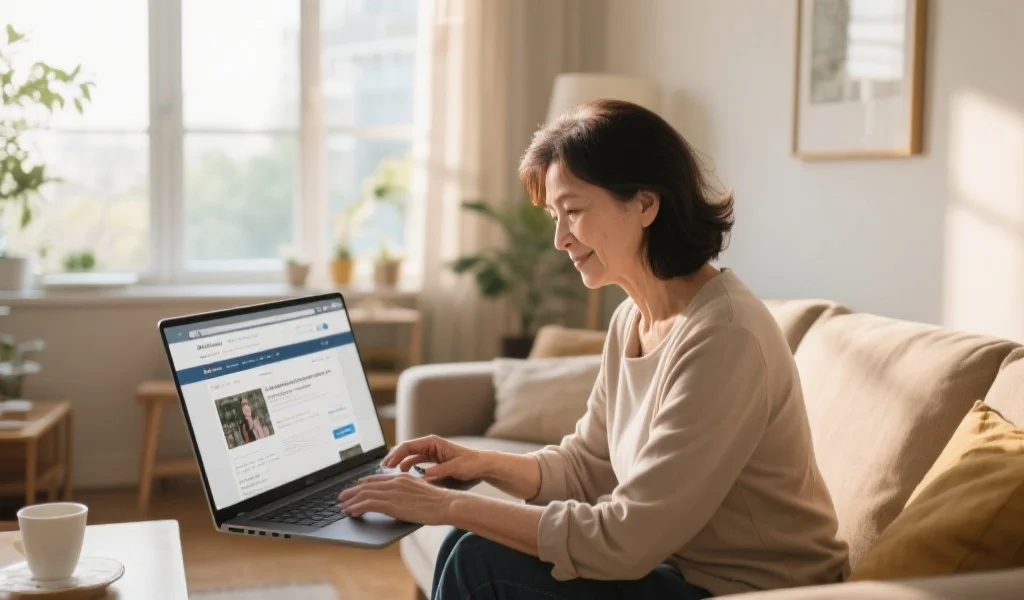 一位中年女性在家中舒适客厅，用大屏笔记本电脑浏览网页，阳光透过窗户洒在房间里，氛围温馨自然