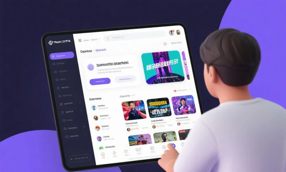 一个现代化在线娱乐平台界面，用户在浏览娱乐分类和活动信息，界面简洁明了，带有引导教程提示